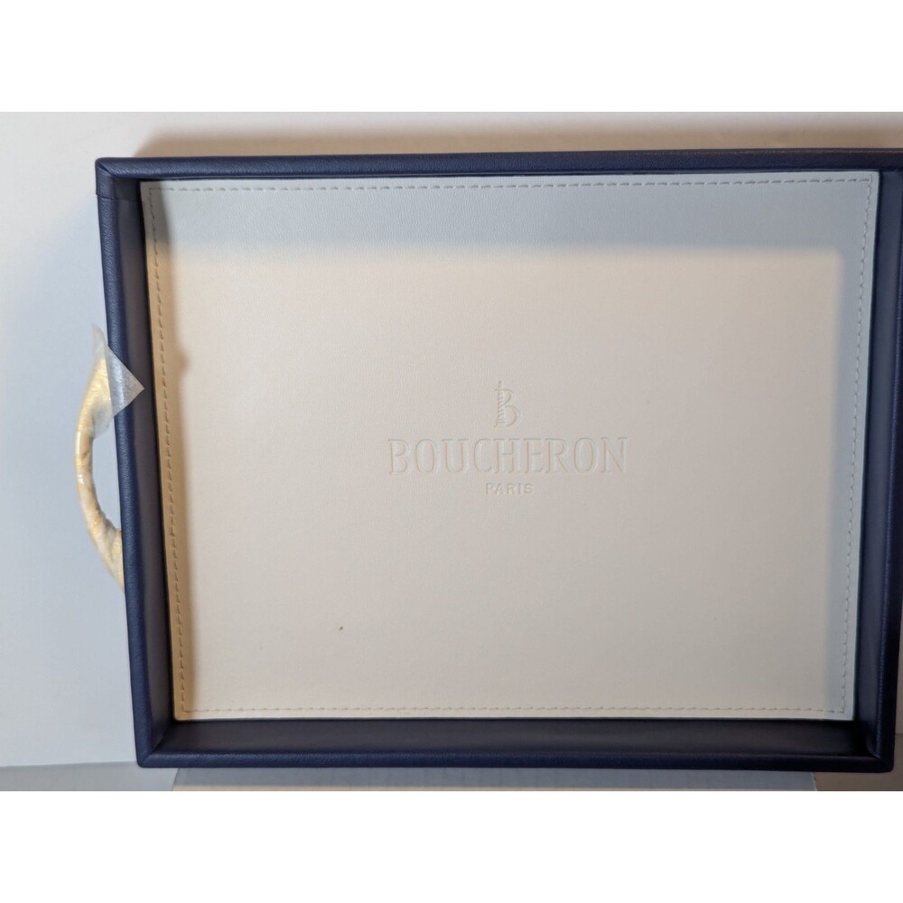 NEW BOUCHERON Paris Faux Leather Jewelry Tray Navy Blue Gold Handles 10" X 8"